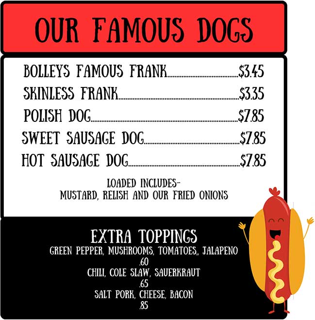 Our Famous Dogs: Bolleys Famous Frank, Skinless Frank, Polish Dog, Sweet Sausage Dog, Hot Sausage Dog; Loaded includes mustard, relish and our fried onions; Extra toppings: green pepper, mushrooms, tomatoes, jalapeno, chili, cole slaw, sauerkraut, salt pork, cheese, bacon